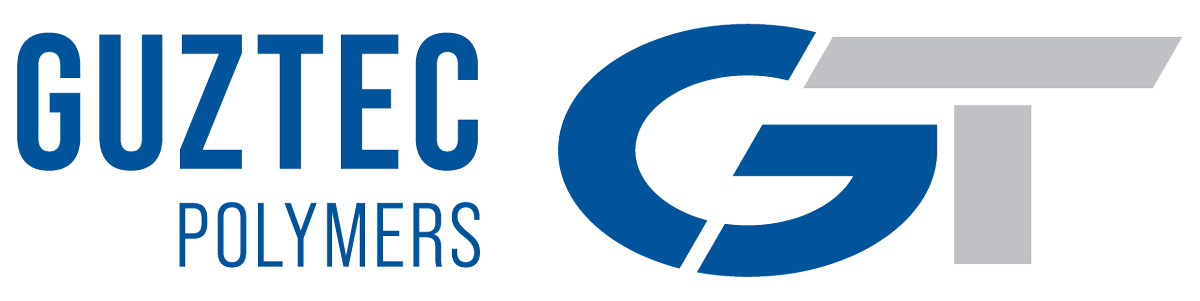 Logo dell'azienda Guztec Polymers con testo blu e grigio.