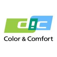 Logo di Color & Comfort con lettere stilizzate su sfondo verde e blu.